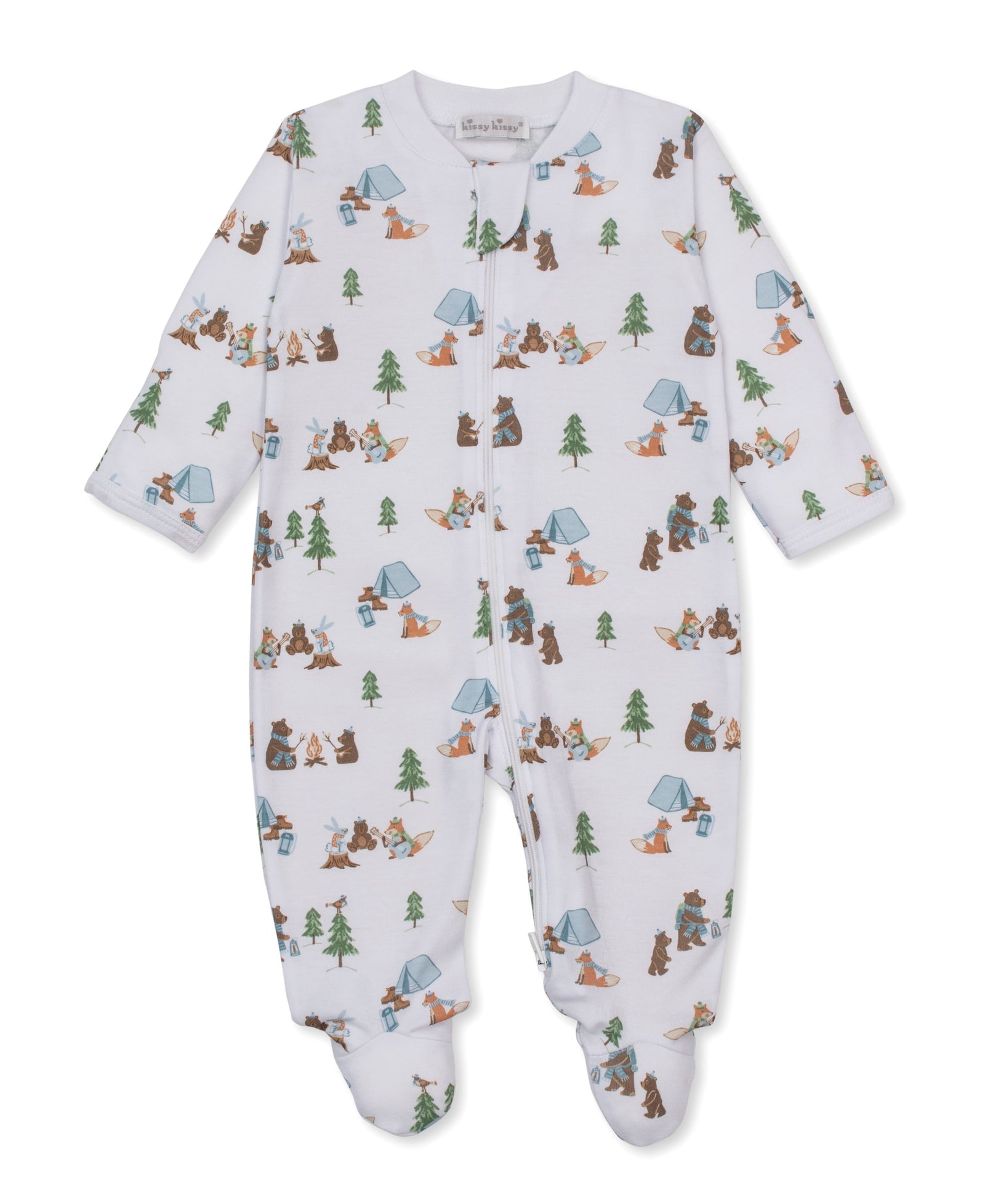 A baby footed sleeper in white with a colorful camping and forest theme print, featuring cartoon bears, trees, and tents.