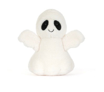 A small plush ghost toy with soft white fabric, black embroidered eyes, and a simple stitched smile on a plain white background.