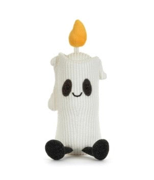 A white knit ghost candle plush toy with a yellow-orange flame on top, black embroidered eyes and mouth, and black feet, shown on a plain white background.