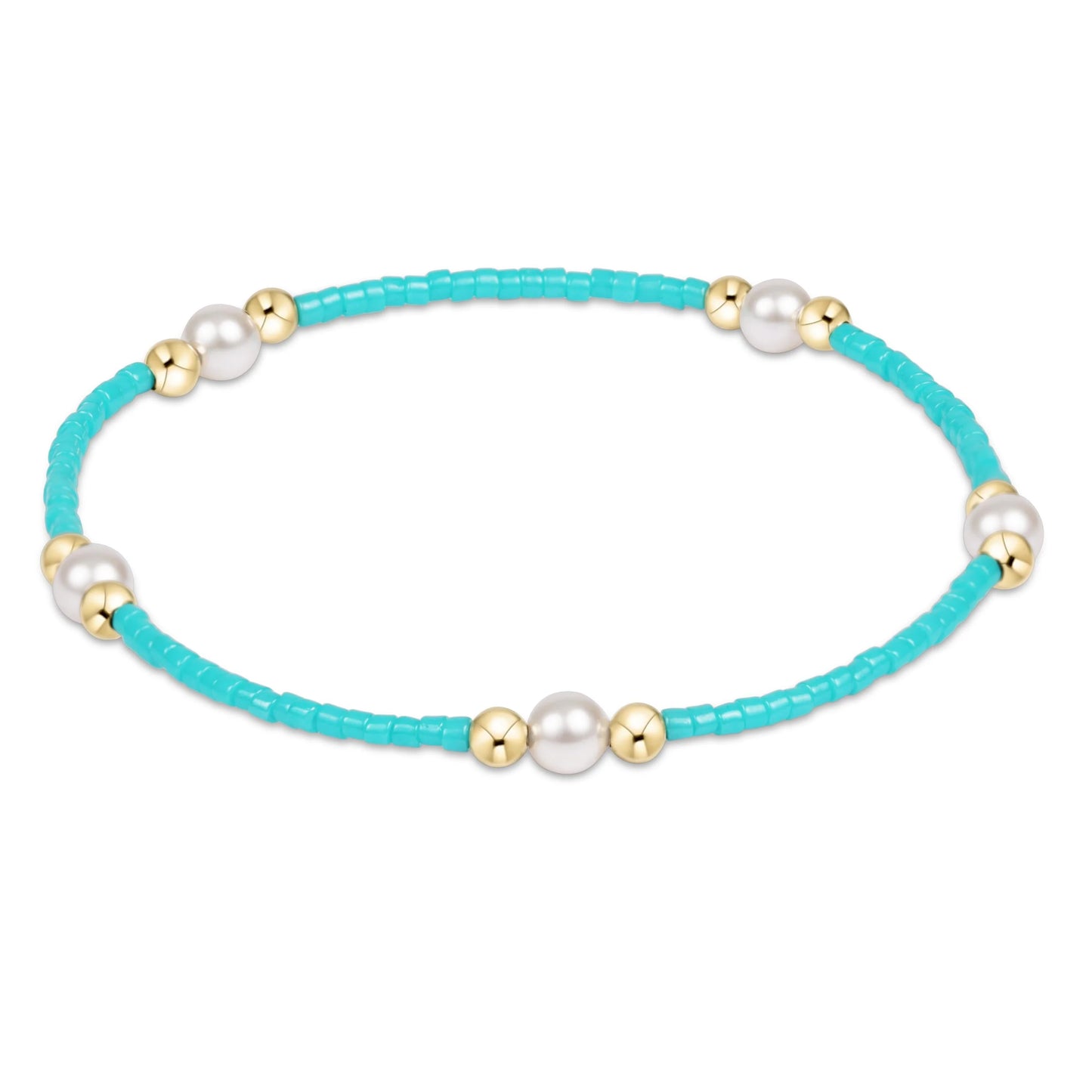 enewton hope purpose Turquoise beaded bracelet with pearls and gold accents on a white background