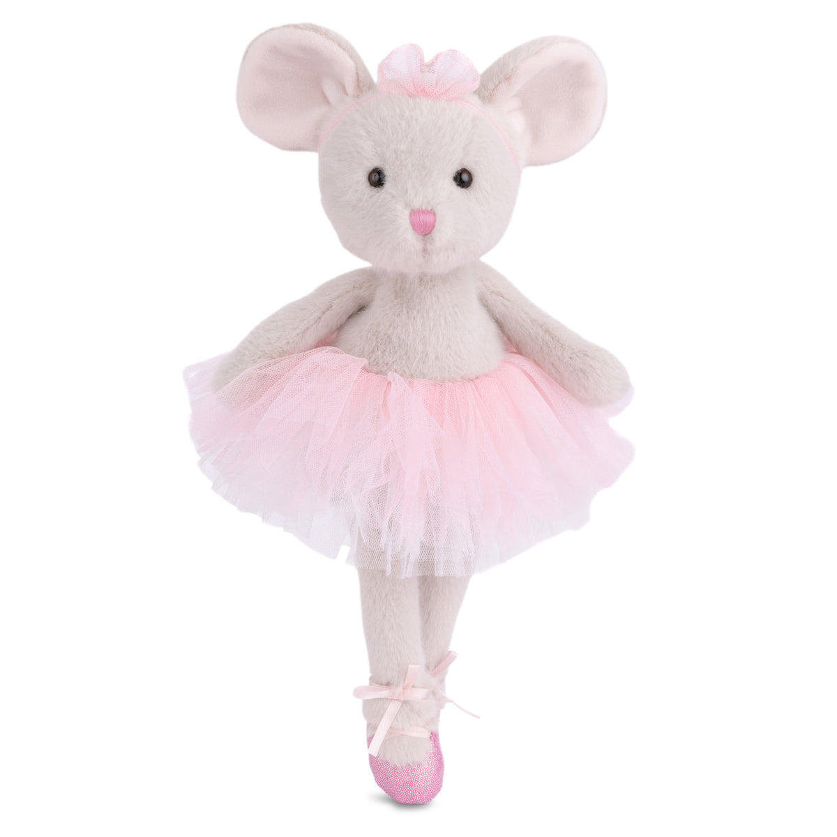 Plush toy mouse in a ballet outfit on a white background
