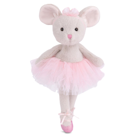 Plush toy mouse in a ballet outfit on a white background