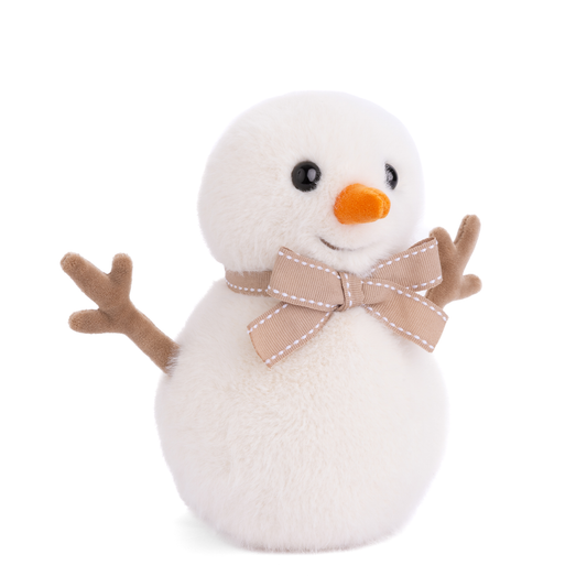 White plush snowman with a brown bow tie on a white background