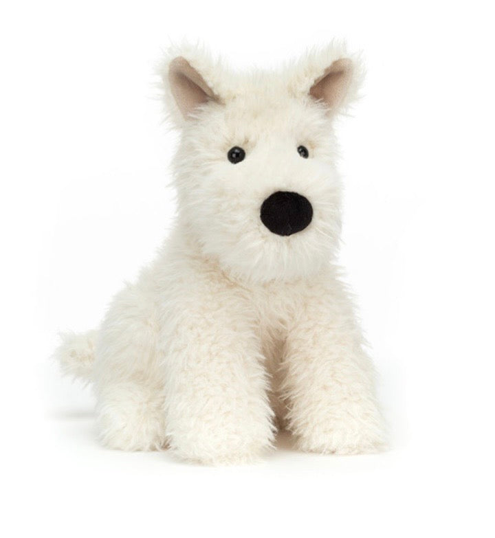 A fluffy white stuffed dog toy with a black nose and black eyes, sitting on a plain white background.