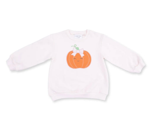 Soft white sweatshirt featuring orange pumpkin