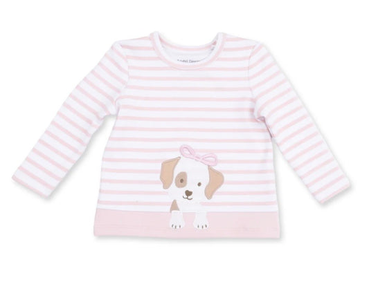 Pink and white striped puppy shirt.