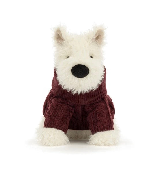 White Scottie dog in maroon sweater