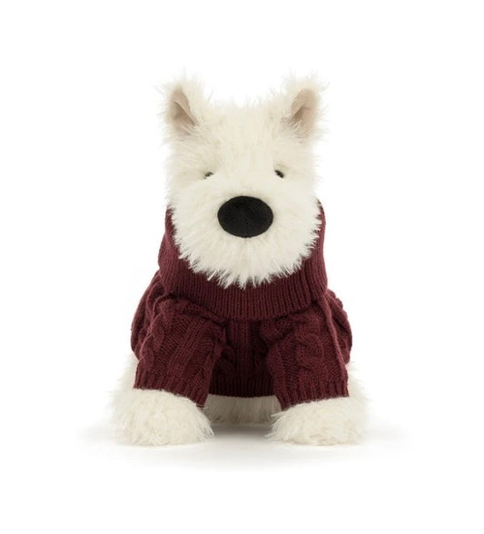 White Scottie dog in maroon sweater