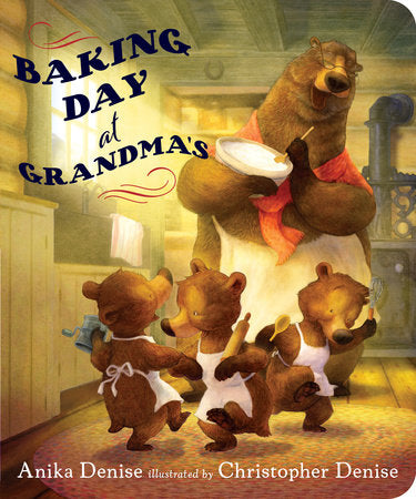 Book cover of 'Baking Day at Grandma's' with teddy bears in a kitchen.