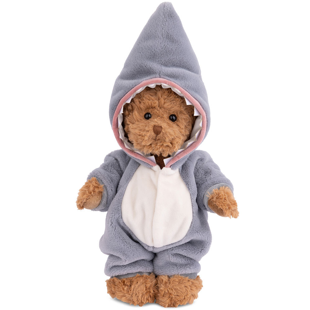 Stuffed teddy bear wearing a gray shark costume on a white background