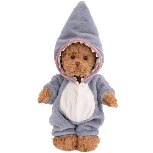 Stuffed teddy bear wearing a gray shark costume on a white background