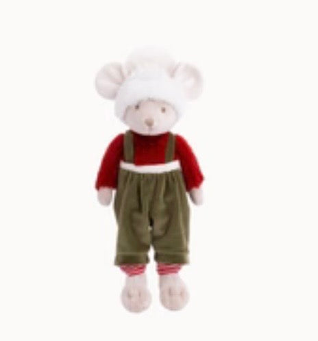 A plush mouse toy dressed in a red long-sleeve top, olive green corduroy-style overalls, and a white furry hat, standing against a plain white background.