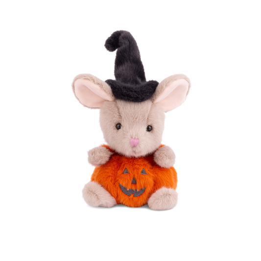 A plush mouse toy dressed in Halloween attire, featuring a beige body, pink nose and inner ears, a black witch hat, and an orange pumpkin costume with a stitched jack-o'-lantern face, shown on a plain white background.