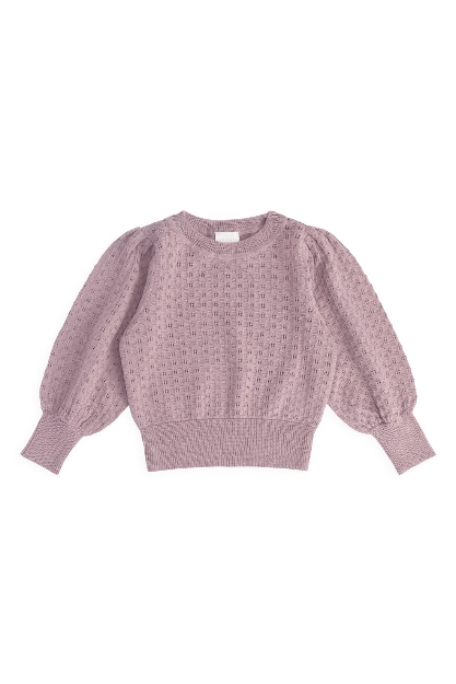 A dusty pink textured knit sweater with voluminous balloon sleeves, laid flat against a solid white background.