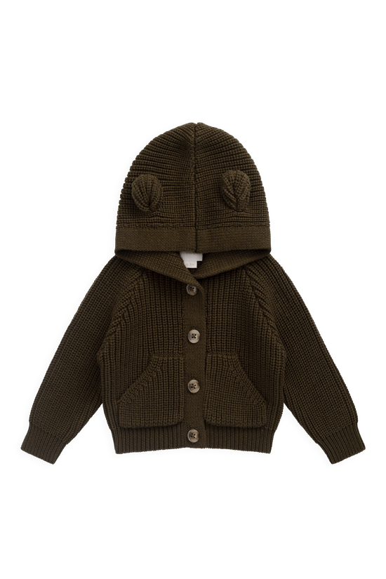 An olive green ribbed knit hooded cardigan with bear ears on the hood, front buttons, and front pockets, shown flat on a white background.