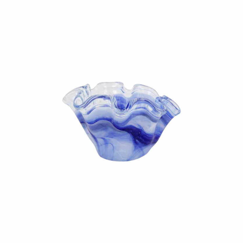 Blue and white petite ruffled glass bowl 