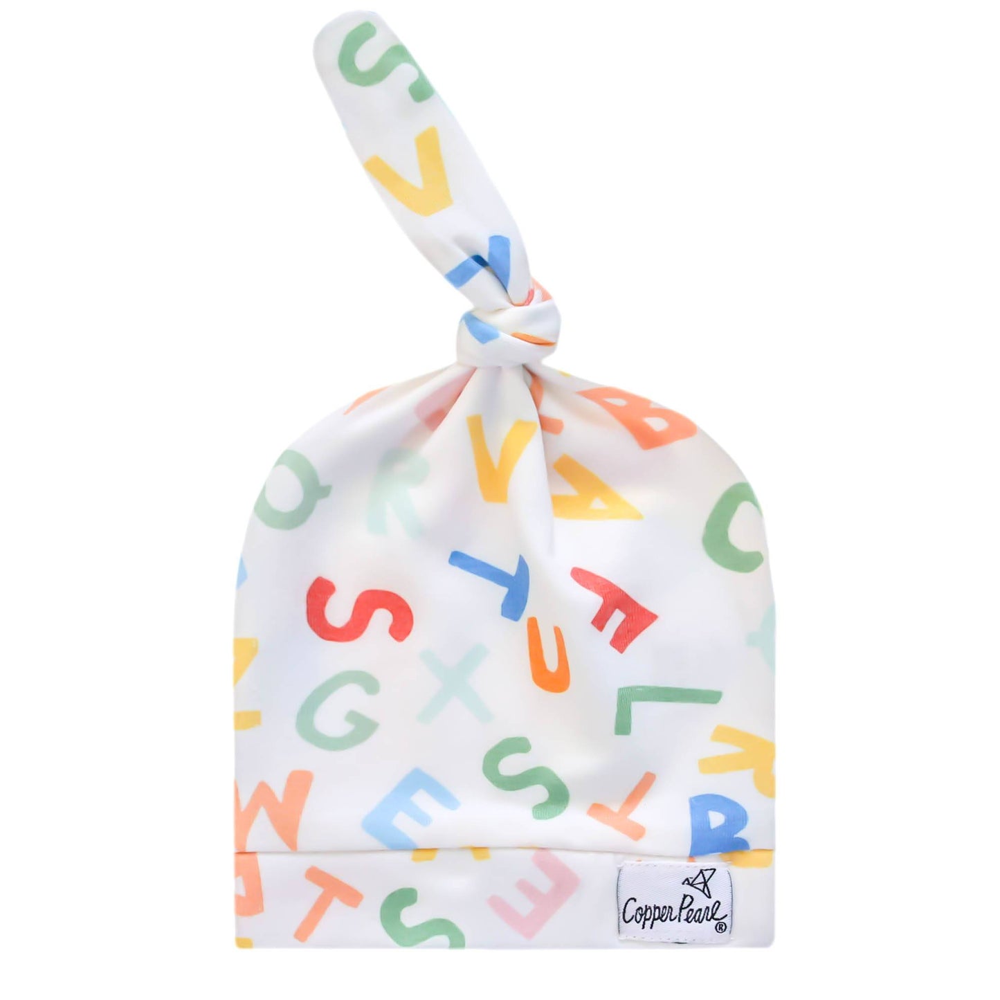 Cooper Pearl Baby top knot hat in Webster pattern with a white hat and colorful  capital alphabet letters in red, blue, green orange, salmon, yellow and teal.