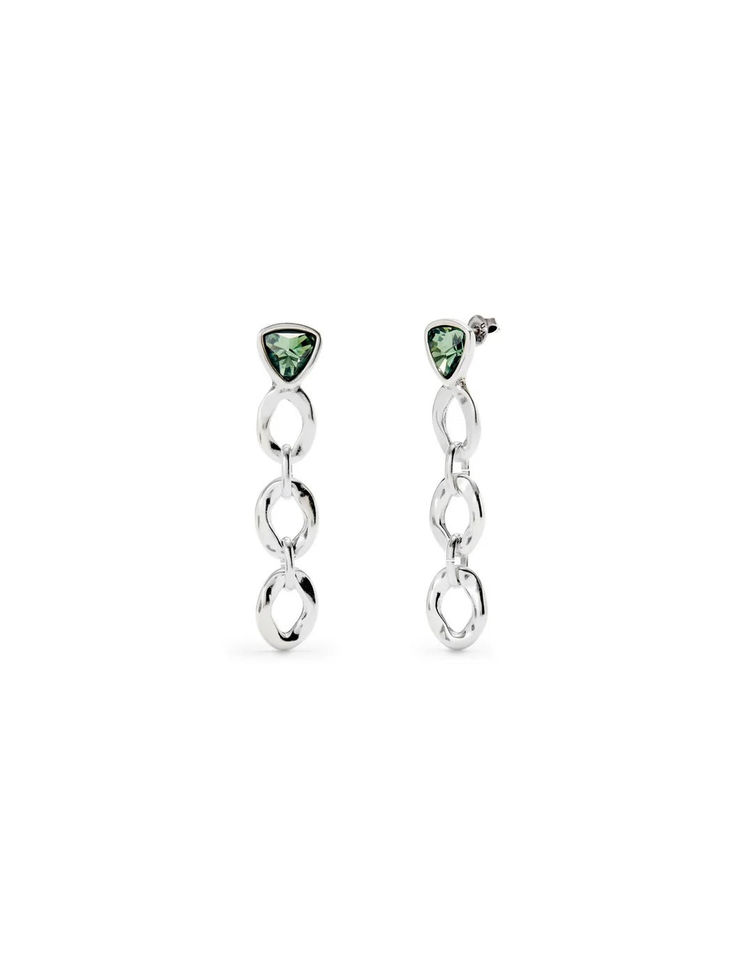 A pair of silver green UNOde50 earrings with a chain-link design and green gemstones at the top.