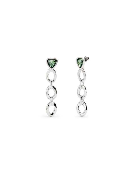 A pair of silver green UNOde50 earrings with a chain-link design and green gemstones at the top.