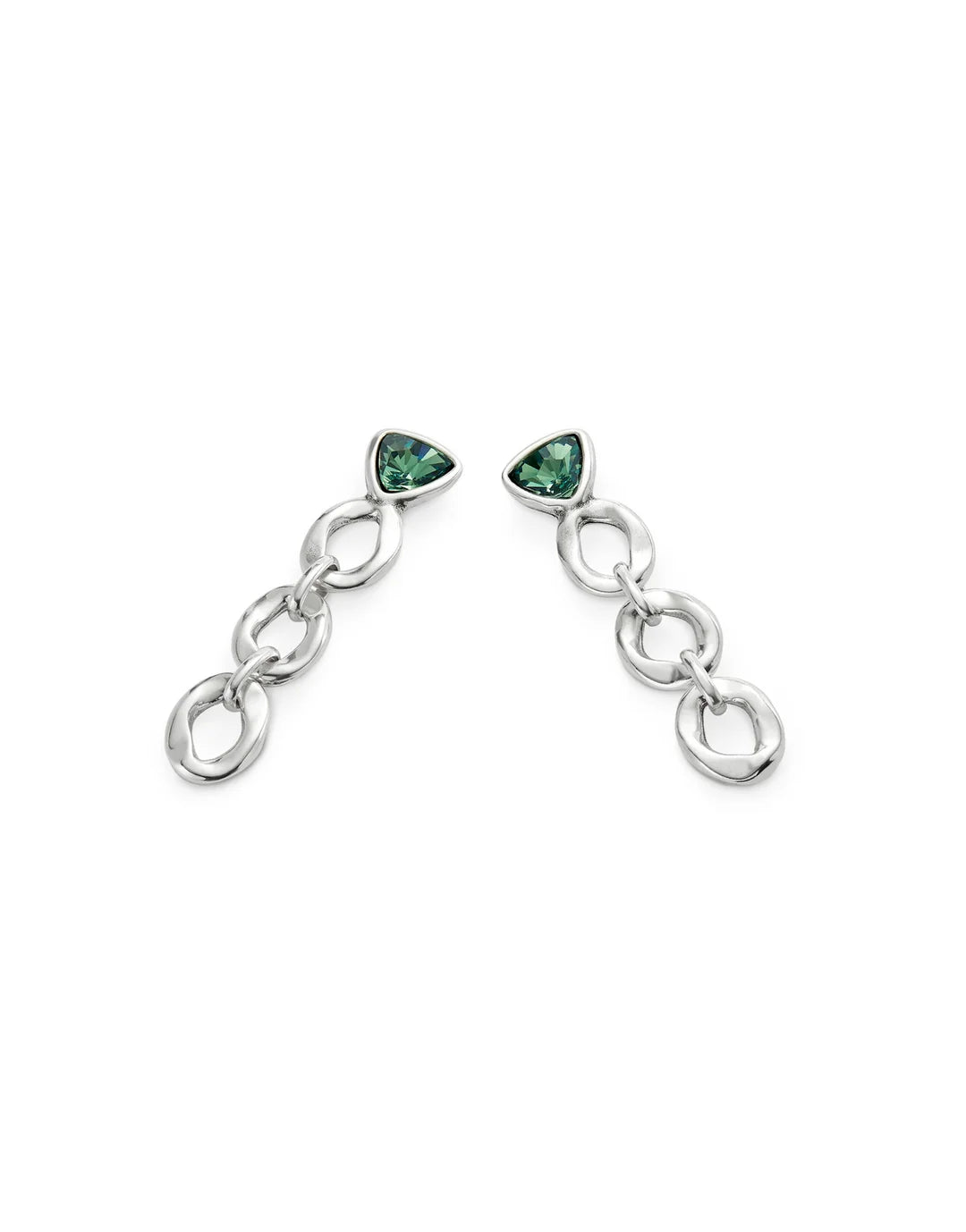 UNOde50 silver dangle earrings with 3 chains connected to a green triangle crystal stud.
