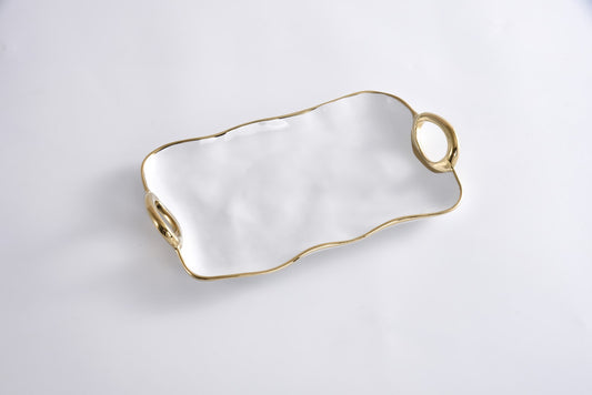 A white porcelain serving platter with gold titanium handles and trim.
