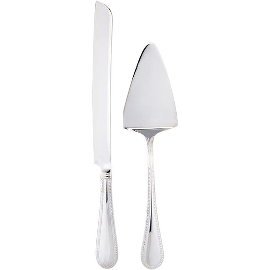 A two-piece dessert set with a stainless steel cake knife and cake server, featuring a beaded border on the handles.