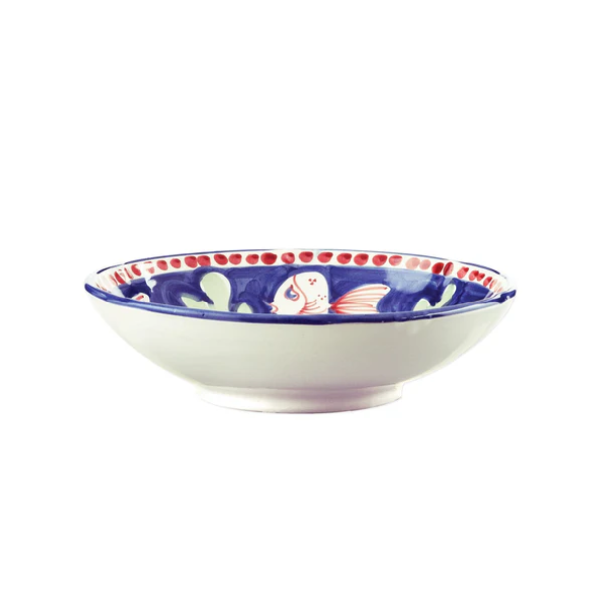 A ceramic pasta bowl with colorful fish design on a white background