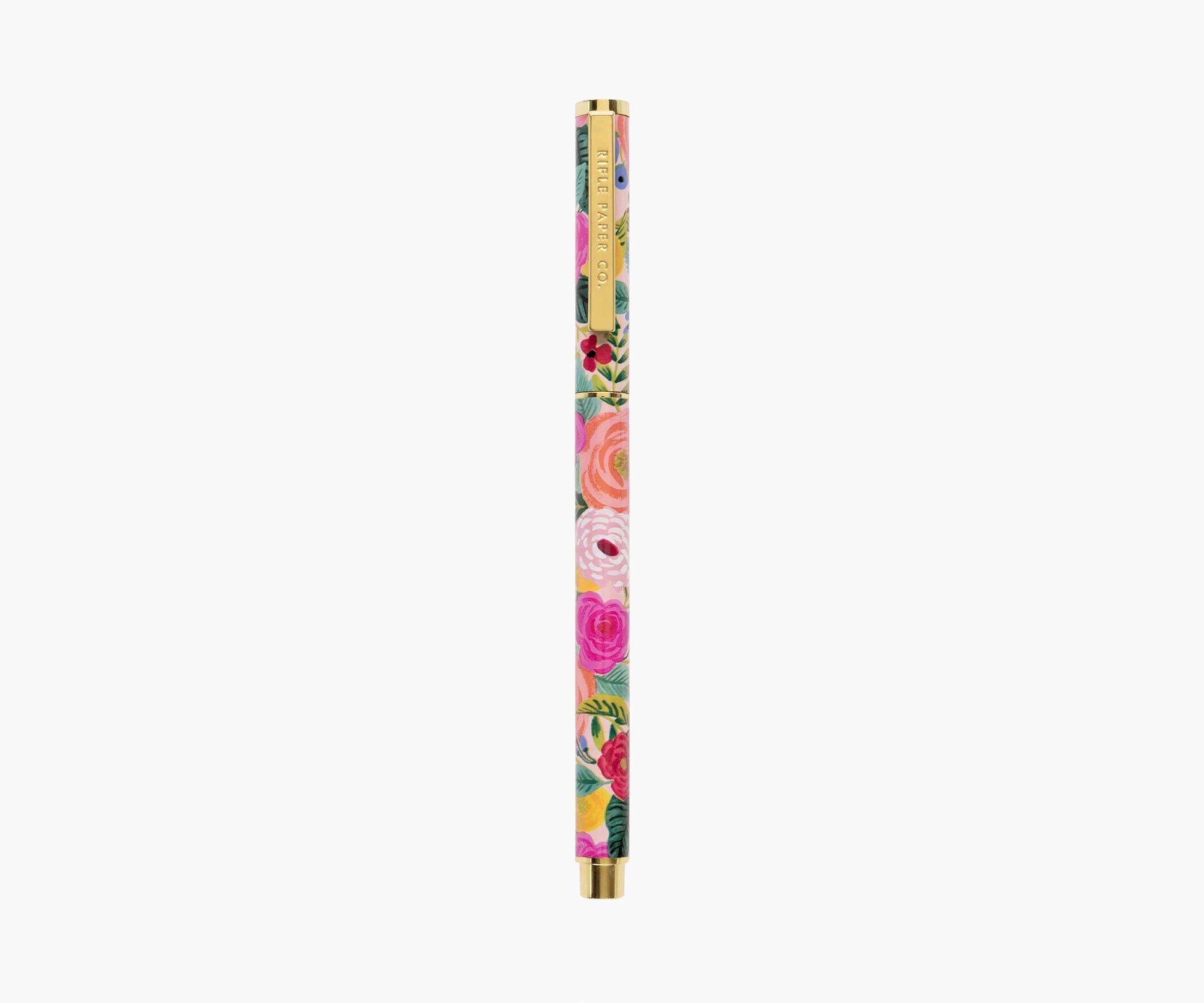 A multicolored floral patterned rollerball writing pen with brass accents.