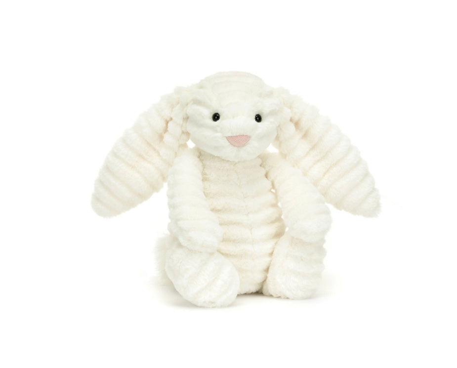 A plush toy resembling a lop-eared bunny with a fluffy white ribbed body, glossy eyes, and a silky tail by Jelly Cat