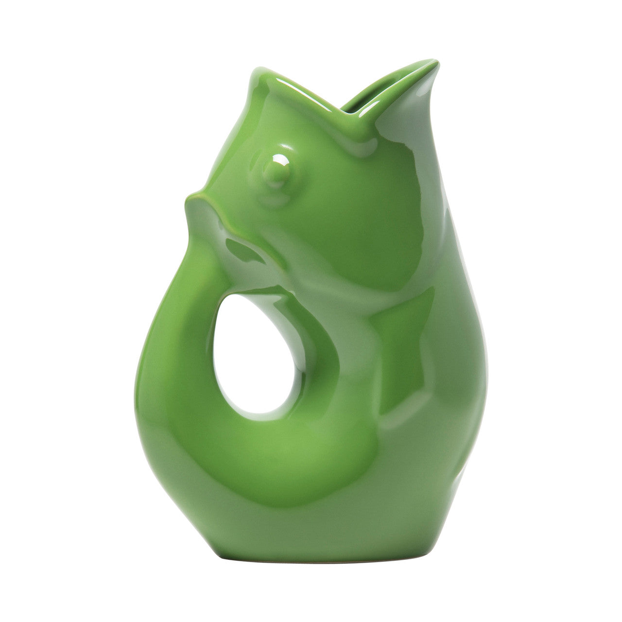 A small green ceramic fish-shaped pitcher with a gurgle feature.