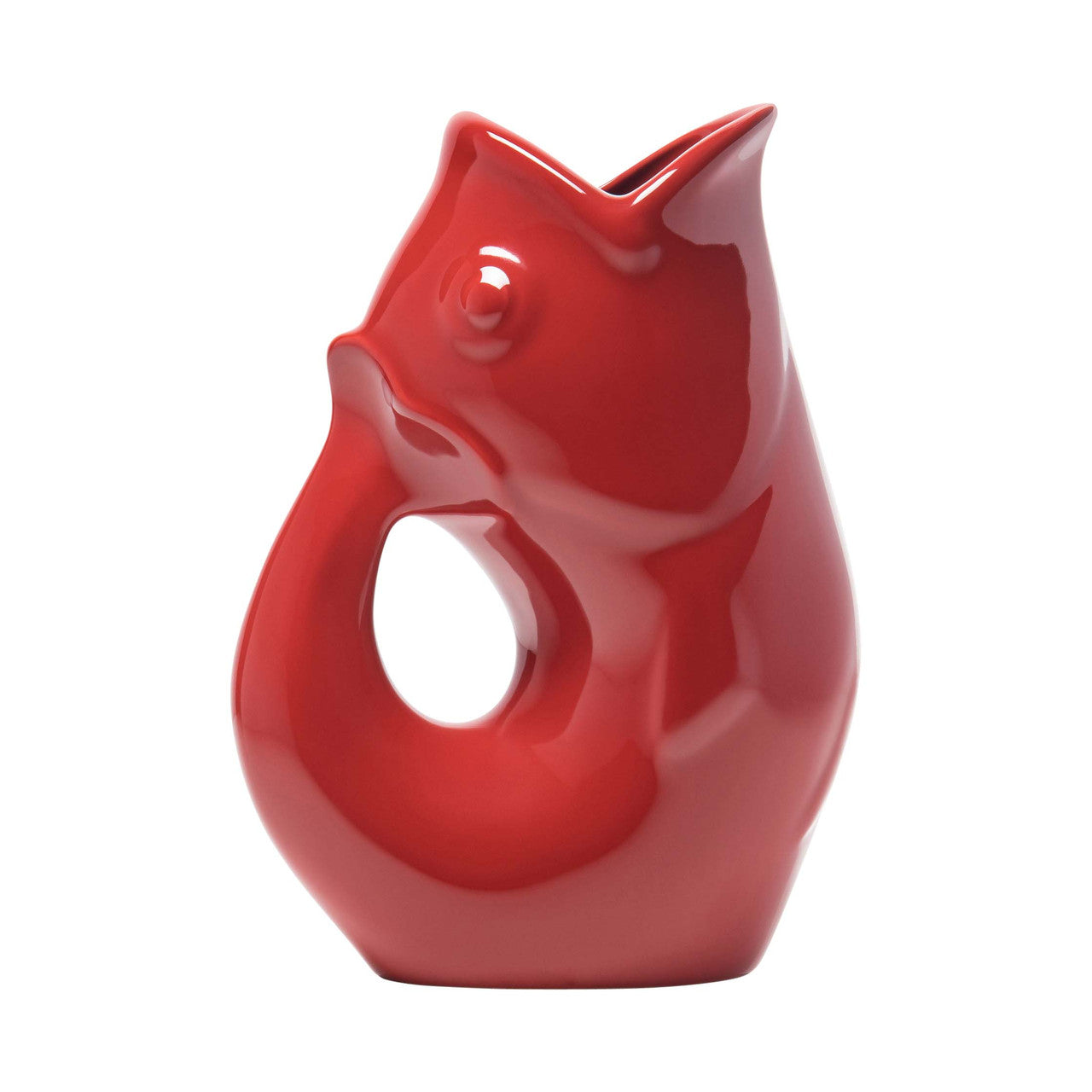 A small red ceramic fish-shaped creamer pitcher that makes a gurgling sound.