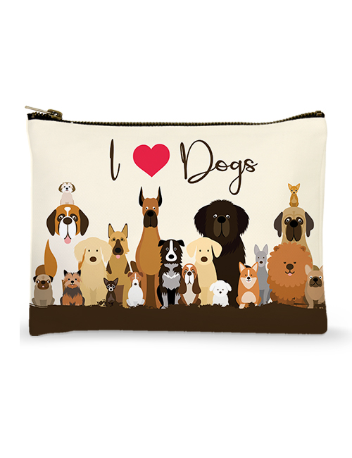 Pouch with 'I ❤️ Dogs' text and illustrations of various dogs on a beige background