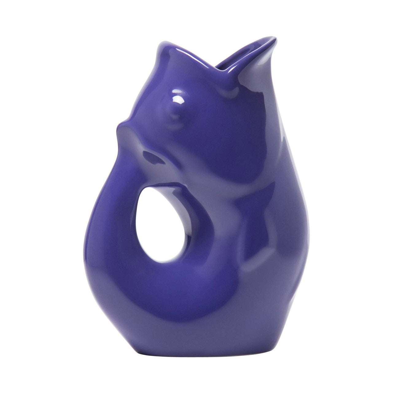 A small indigo blue ceramic fish-shaped creamer pitcher with a gurgle feature, suitable for serving creamer, syrup, or as a bud vase.