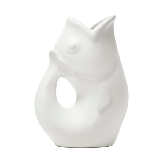 A small matte white ceramic fish-shaped creamer pitcher with a gurgle feature, suitable for serving creamer, syrup, or as a bud vase.