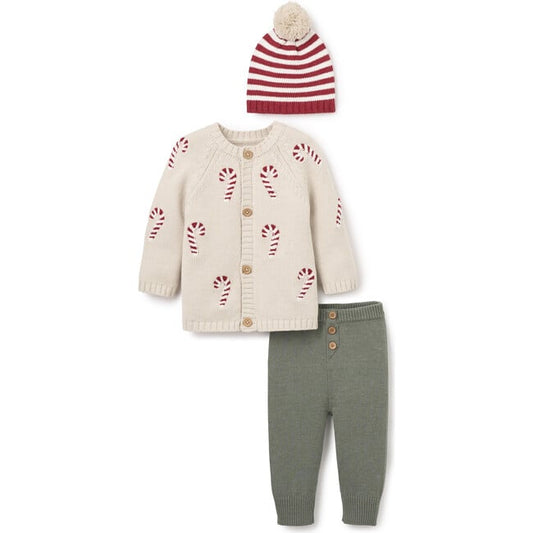 Elegant Baby Candycane Cardigan, Pants & Striped Hat3-6m