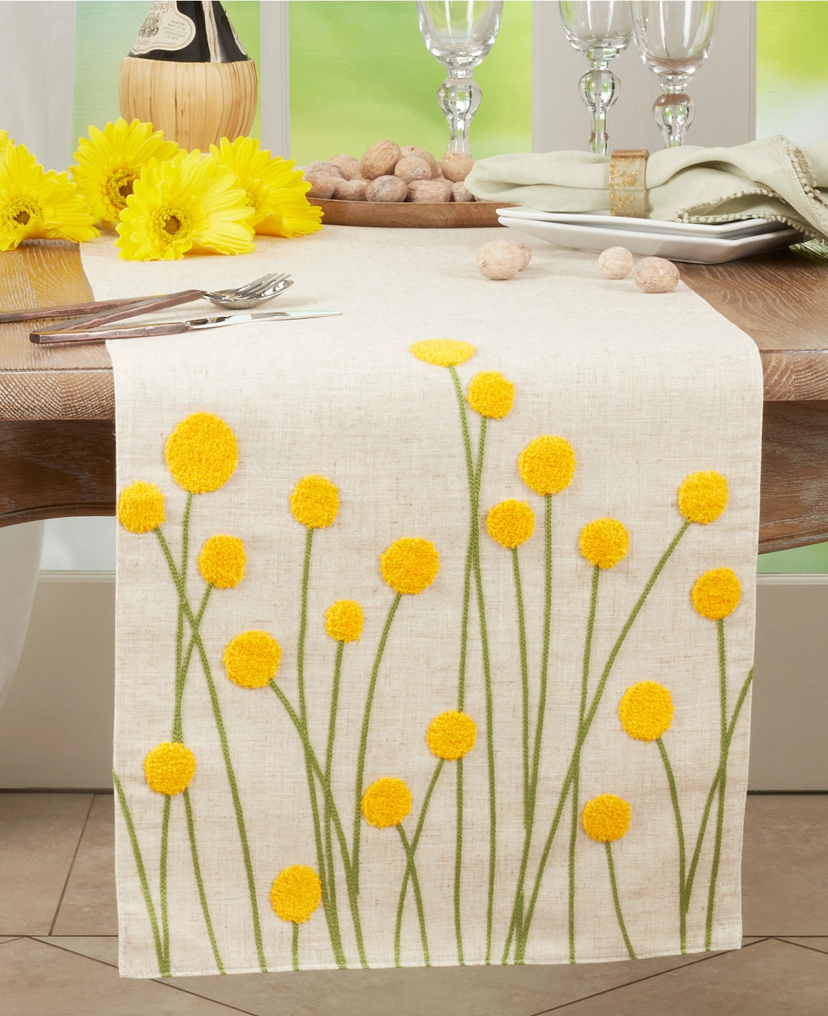Saro Embroidered Yellow Flowers Runner