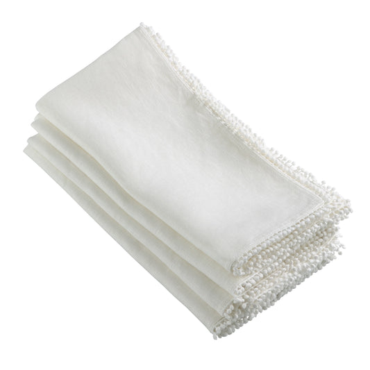 Saro Pompom Border Linen Napkin Ivory