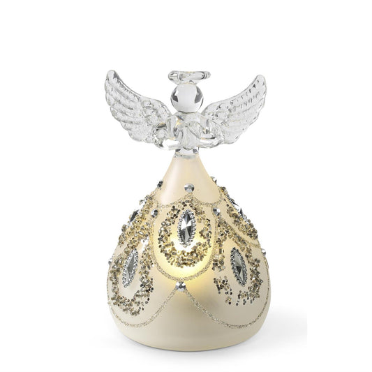 Glass Silver Jeweled LED Angel w/Timer 4"