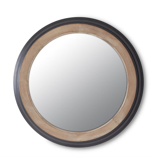 Black Metal & Wood Frame Round Wall Mirror