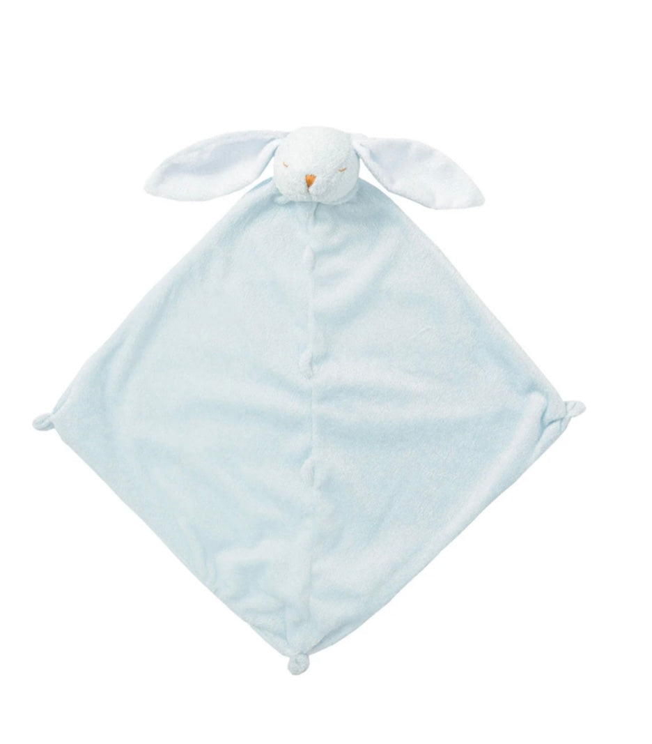 A blue security blankie with a bunny head and ears, designed for babies and toddlers.