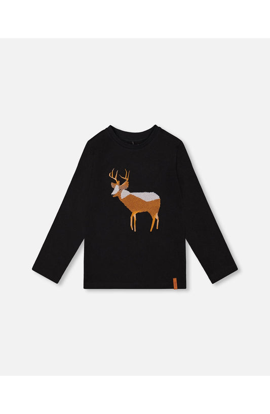 Deux Par Deux Organic Cotton T-Shirt with Boucle Deer Applique Size 3
