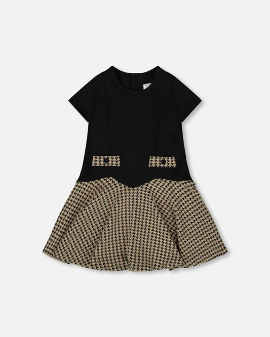 Deux Par Deux  Short Sleeve Bi-Material Milano And Jacquard Knit Dress Black Sz 6