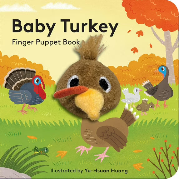 Baby Turkey finger puppet book cover with colorful illustrations of turkeys and trees.