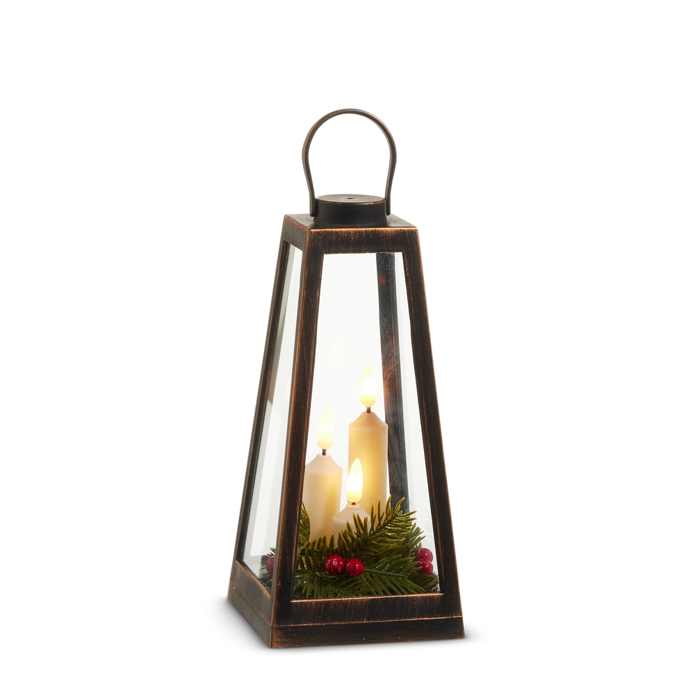 Distressed Lantern w/Candles & Greenery 9.25”