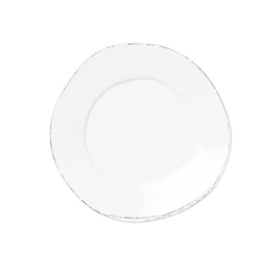 Vietri white, round melamine salad plate with a glossy finish.