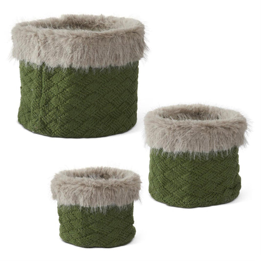 Fur Trimmed Dark Green Nesting Basket LARGE