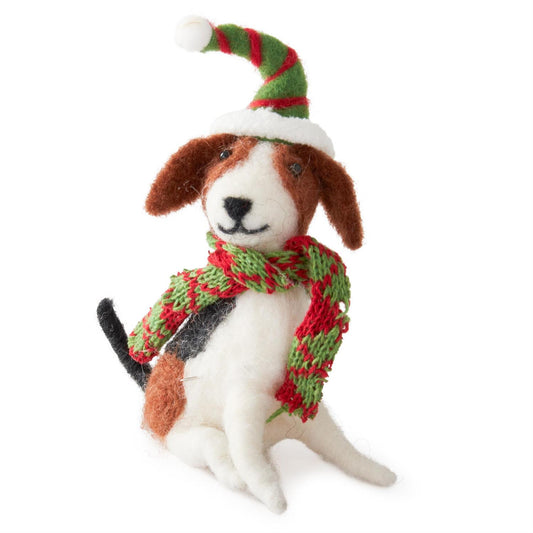 Wool Dog w/Striped Elf Hat Ornament