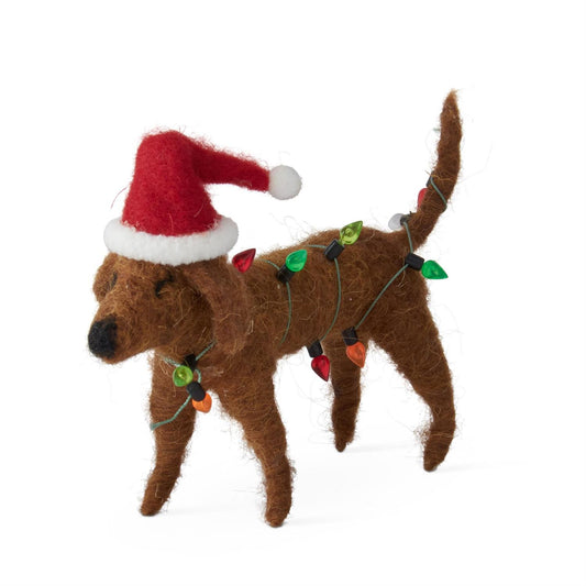 Wool Dachshund w/Red Hat & Lights