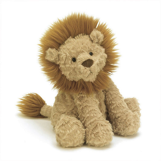 A plush toy resembling a lion with a beige body and a brown mane and tail.