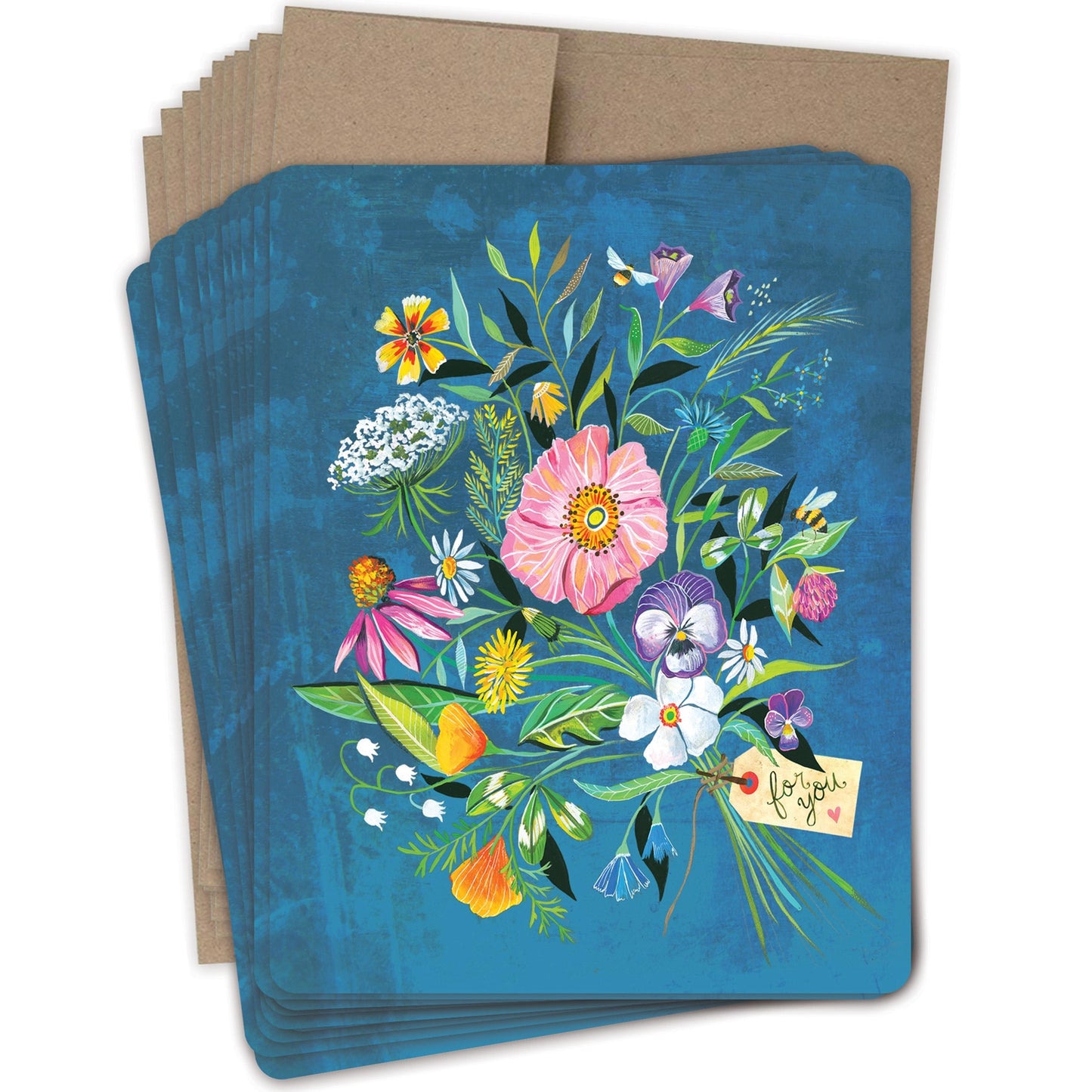 Stack of note cards with floral design on a blue background